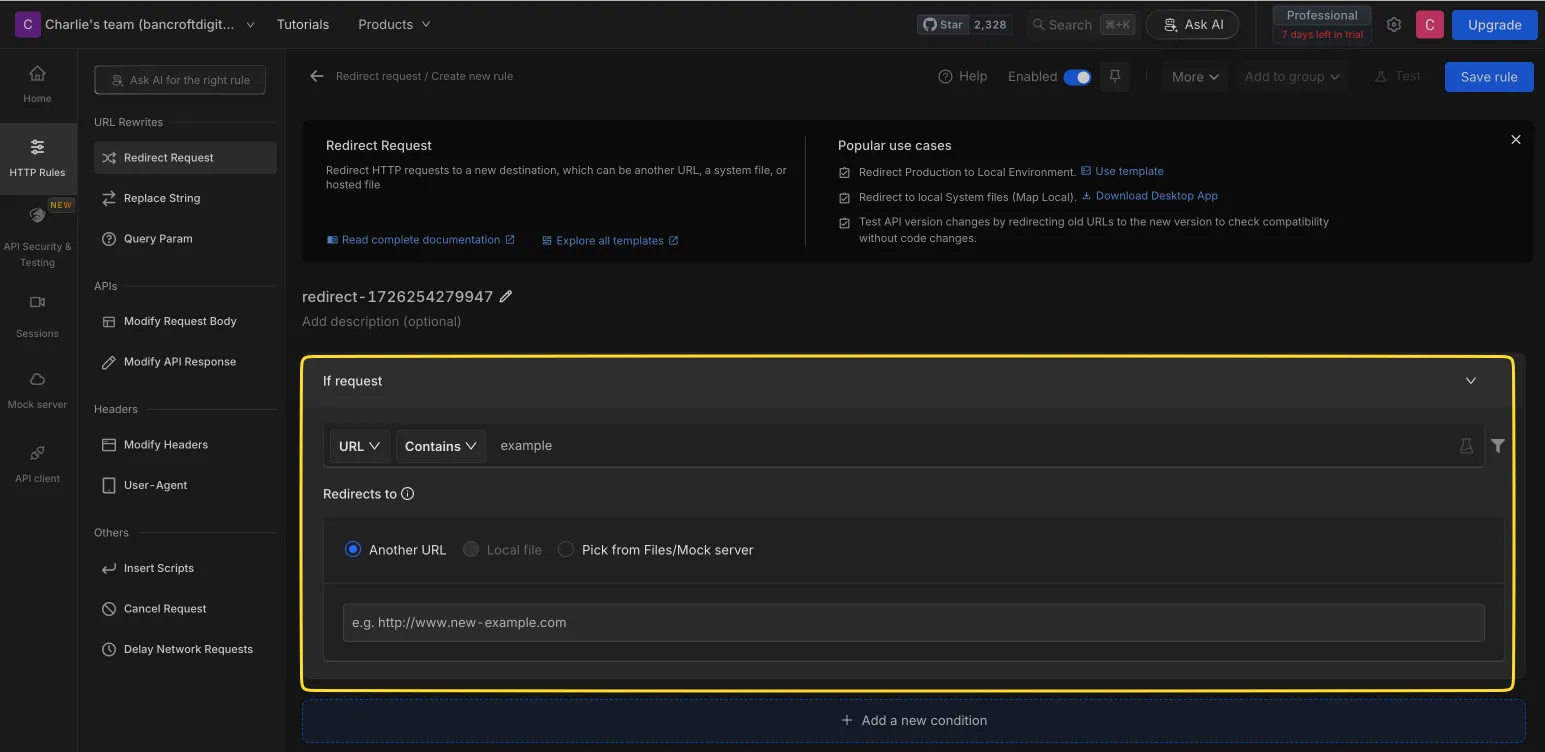 Create Redirect screen