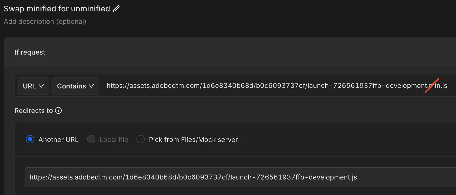 Requestly rule to swap minified for un-minified